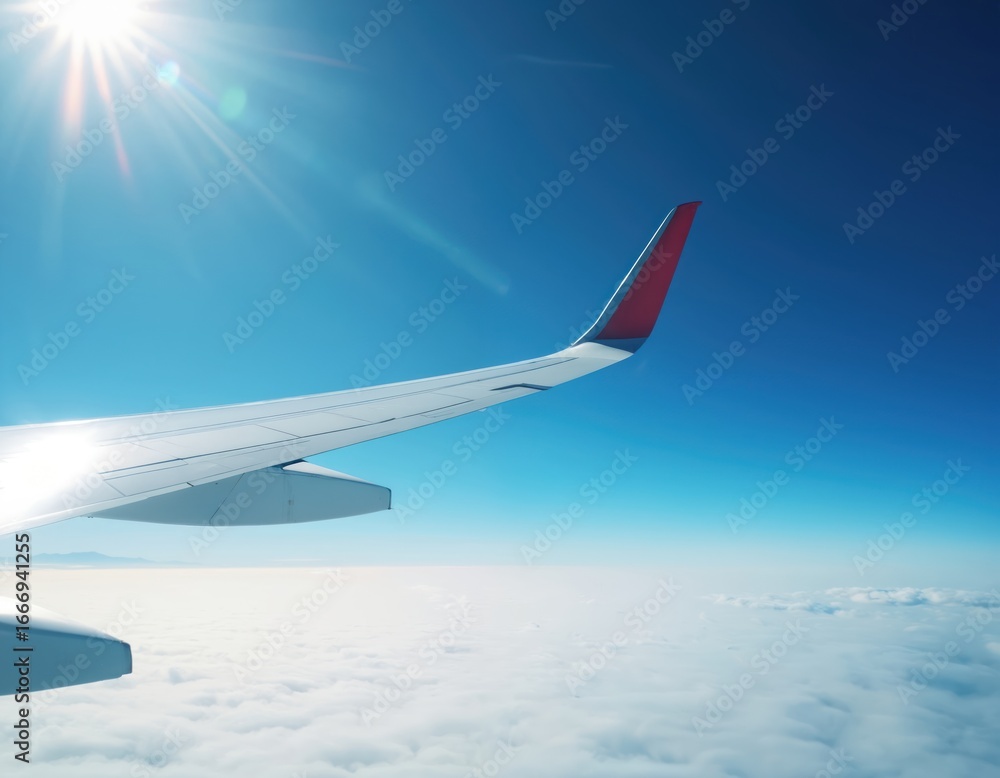 Obraz premium View from airplane window shows white wing and red tip against clear blue sky. Sun flares brightly in upper left corner. Fluffy white clouds form blanket below, with distant land visible on horizon.