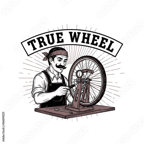 Wallpaper Mural A vintage illustration of a bicycle mechanic repairing a wheel. Perfect for a bicycle repair shop logo. Torontodigital.ca