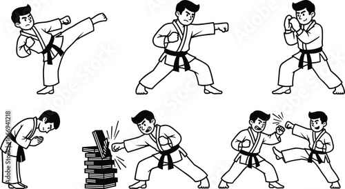Karate martial arts poses with boy practicing kicks, punches, bowing, breaking boards, and sparring in traditional gi and belt