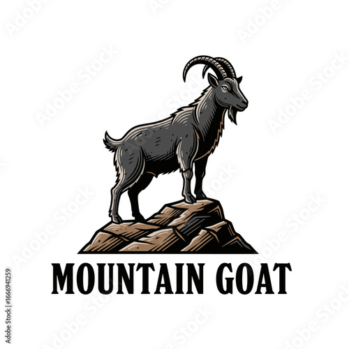 A powerful logo design featuring a majestic mountain goat standing on a rocky peak.
