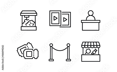 vector outline icons ticket agent (cinema): popcorn machine movie posters till counter ticket stubs velvet rope candy stand.