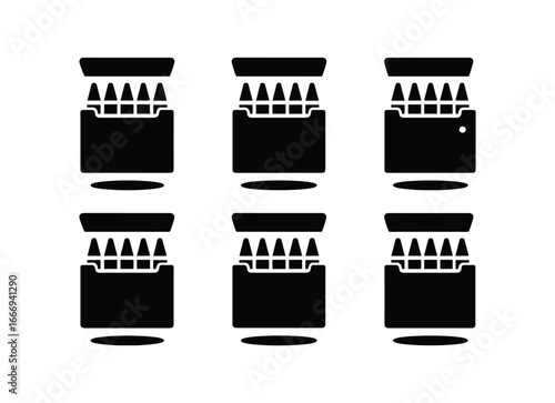 vector solid black filled icons crayon box (open lid): lid hinge crayon tips box outline shadow smear highlight rim light dot.