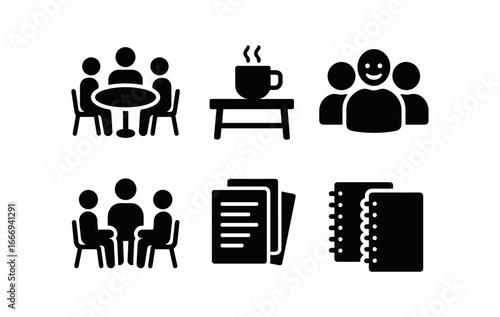 vector solid black filled icons bridge years (community): meeting coffee table laughter open discussion papers notepads.