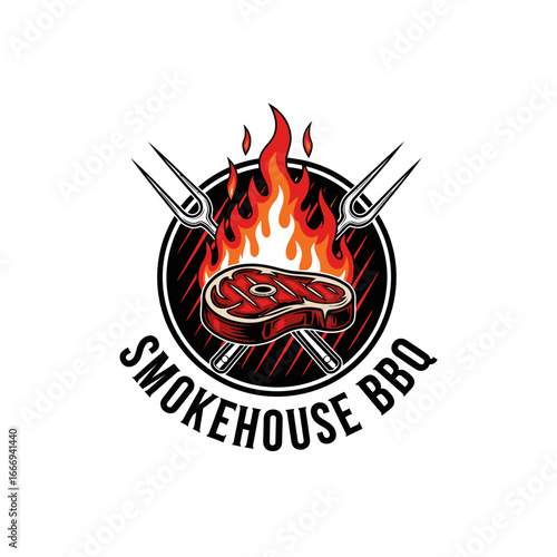 A vibrant logo featuring a grilled steak engulfed in flames, symbolizing delicious BBQ.