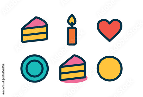 vector colorful filled icons celebrating milestones (cake slice): cake piece candle flame heart sprinkle plate rim shadow smear light rim.