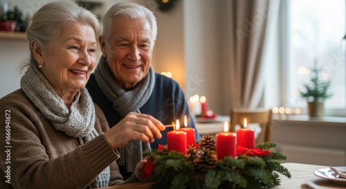 elderly couple lighting advent candles creating cozy festive atmosphere in decorated living room