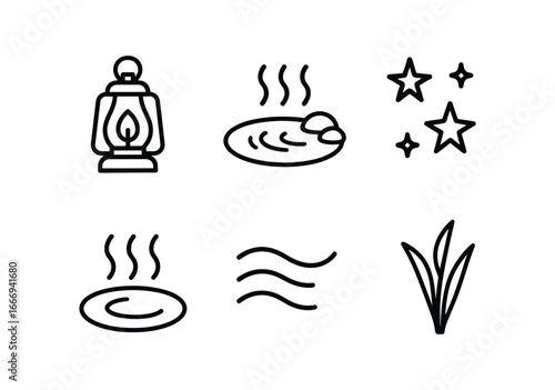 vector outline icons hotspring (evening soak): glowing lanterns warm water quiet setting gentle stars soft breeze.
