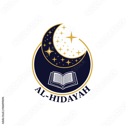 Elegant logo design featuring a crescent moon, stars, and an open book, symbolizing guidance and knowledge.
