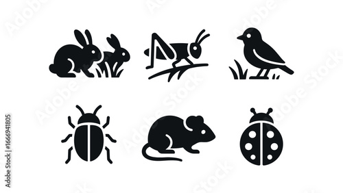vector solid black filled icons grassy verge (wildlife): grazing rabbits grasshoppers small birds beetles mice ladybugs.