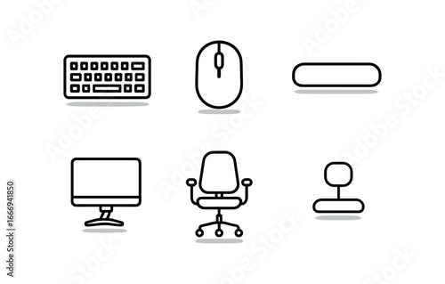 vector outline icons work from home setup (ergonomic desk): keyboard mouse wrist rest adjustable monitor chair icon shadow smear.