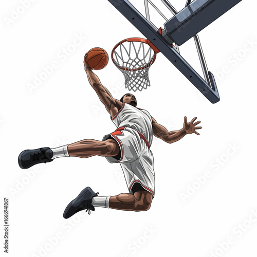 Realistic vector illustration of basketball slam dunk from below angle
