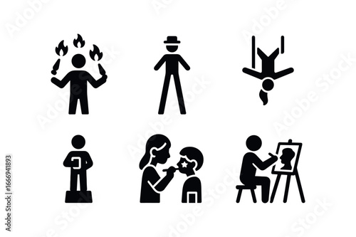 vector solid black filled icons local fair (performers): fire juggler stilt walker acrobat aerialist living statue face painter caricature artist.