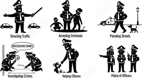 Police officer silhouettes performing duties, directing traffic, arresting criminals, helping citizens, patrolling streets, law enforcement cartoon, crime investigation scenes