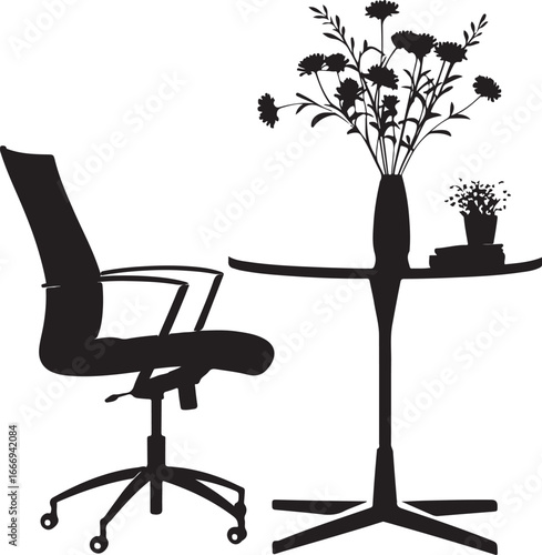 Silhouette of office chair and table with flowers and books on white background desk vase