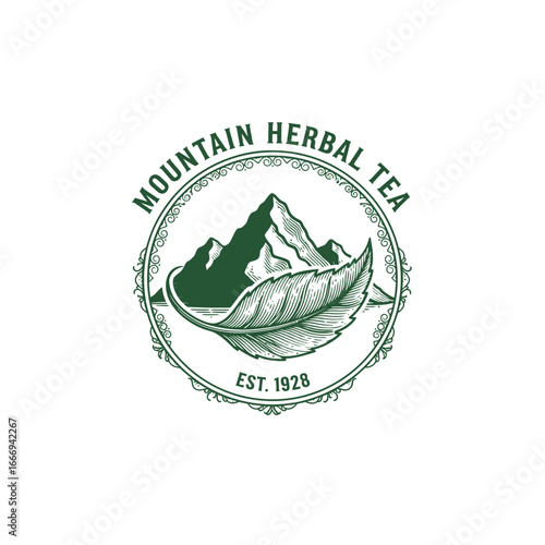 Vintage logo design for Mountain Herbal Tea. Featuring a mountain and tea leaf.