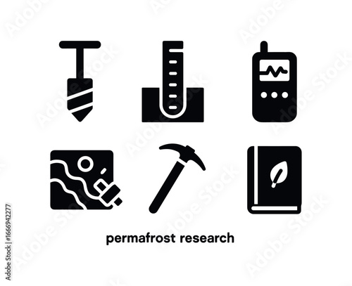 vector solid black filled icons permafrost (research tools): soil core drill borehole data logger satellite image ice axe field notebook.