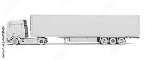 Truck with Reefer Refrigerator Trailer in Clay Style Render on White Background 3D Rendering