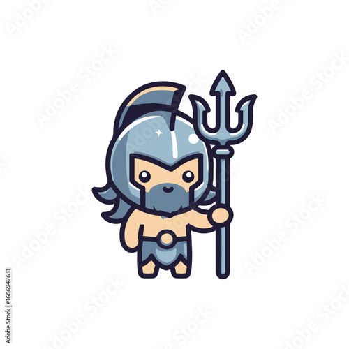Cartoon warrior character holding a trident, set against a simple white background, ideal for playful designs