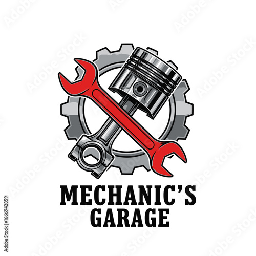Mechanic's Garage logo featuring crossed wrenches, piston, and gear.