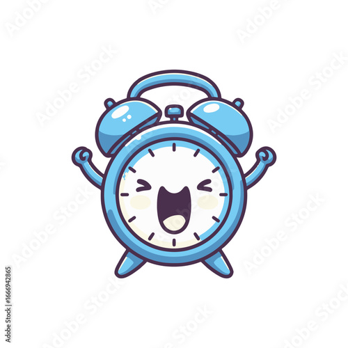 Cheerful cartoon alarm clock character with a smiling face and raised arms, symbolizing joy and time management