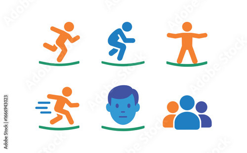 vector colorful filled icons slackline tricks (mid air move): jumping twist rope bend spread arms motion blur focus face crowd.