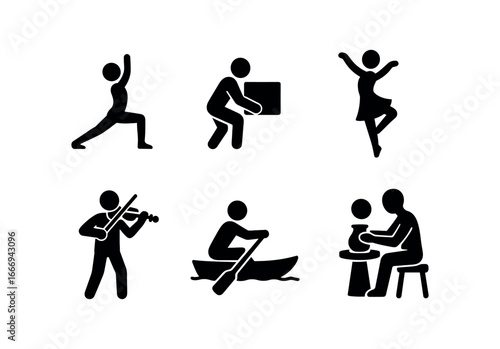 vector solid black filled icons graceful strength (daily life): yoga pose lifting box dance move playing violin rowing pottery making.