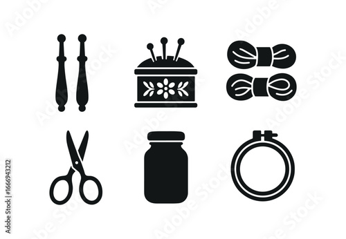 vector solid black filled icons lacemaker (vintage tools): bone bobbins carved pin box thread skeins antique scissors glass jar wooden hoop.