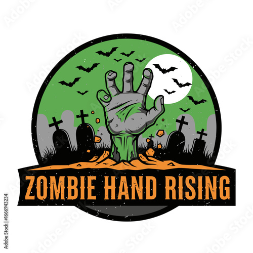 A zombie hand emerges from a grave at night. Spooky Halloween illustration.