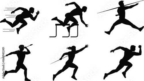 Silhouettes of athletes running, hurdling, and throwing javelins in dynamic track and field sports action poses, male and female