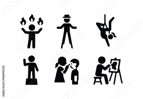 vector solid black filled icons local fair (performers): fire juggler stilt walker acrobat aerialist living statue face painter caricature artist.