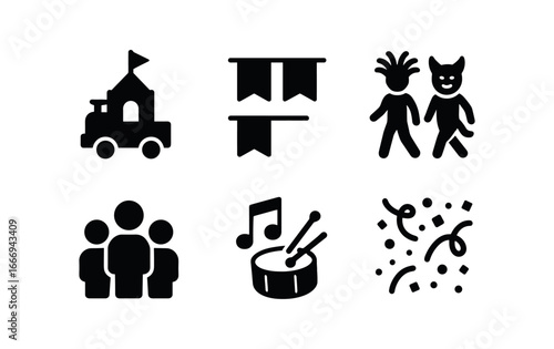 vector solid black filled icons folk tradition event (parade): floats banners costumed walkers crowd music confetti.