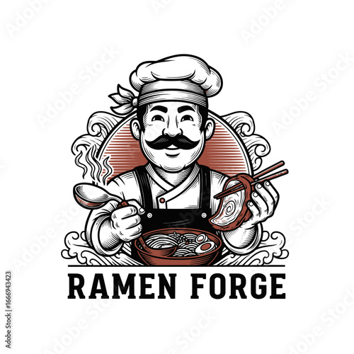 Ramen Forge logo featuring a happy chef serving a steaming bowl of ramen.