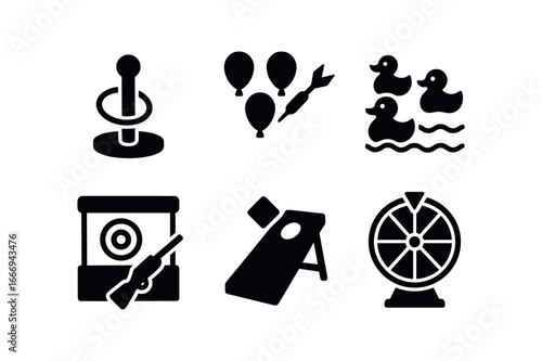 vector solid black filled icons local fair (games): ring toss balloon darts duck pond shooting gallery bean bag toss prize wheel.