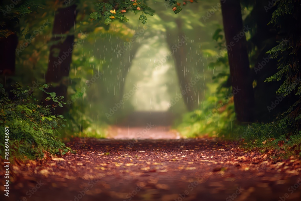 Fototapeta premium Serene Path Through Misty Forest with Gentle Rainfall and Vibrant Autumn Foliage