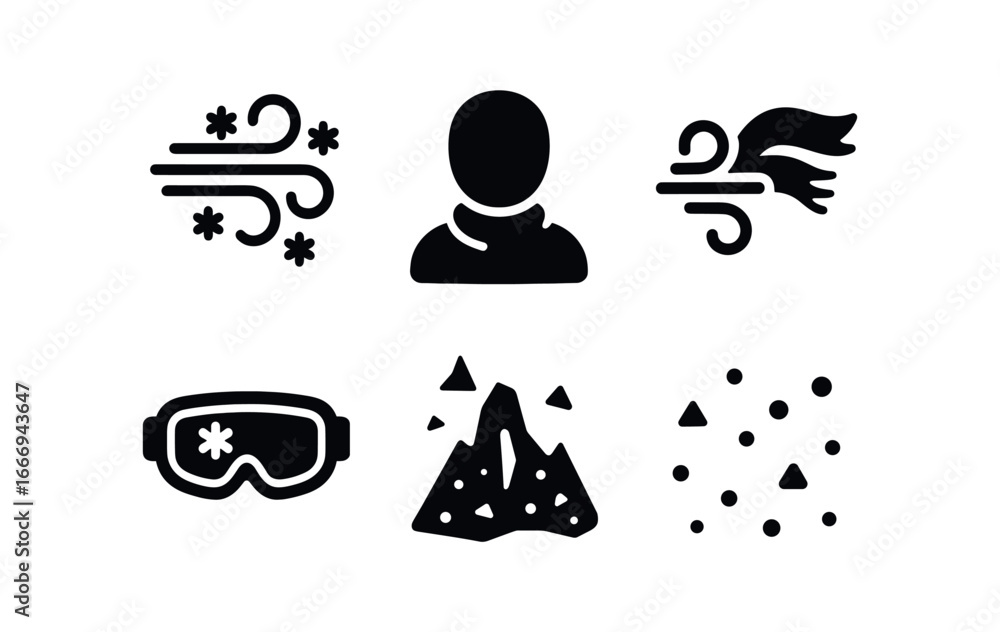 vector solid black filled icons glacier skating (stormy): blowing snow low visibility wind blown scarf frosted goggles icy grit gray tones.