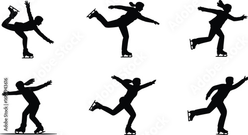 Silhouettes of figure skaters performing elegant ice skating poses, winter sports activity, dynamic movement, artistic performance, graceful choreography