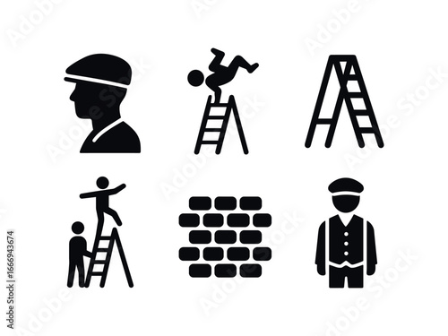 vector solid black filled icons ladder acrobatics (historic): black and white photo old ladder street performance flat cap cobblestone vintage attire.