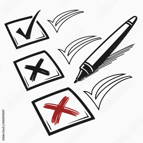 Checklist with check marks and cross marks, drawn with a pen, perfect for surveys and questionnaires, isolated on white