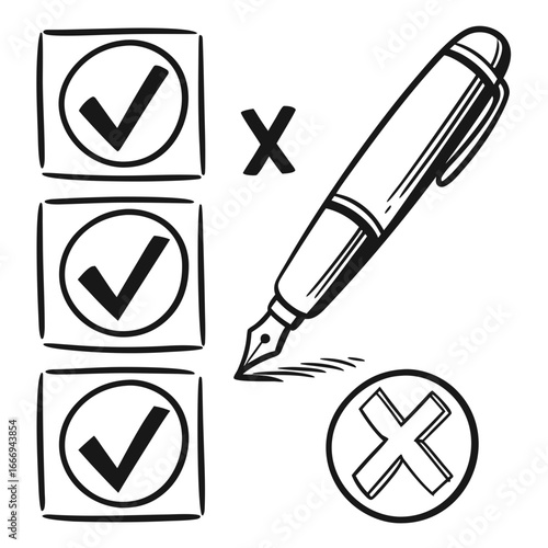 Checklist with check marks and cross marks, drawn with a pen, , perfect for surveys and questionnaires