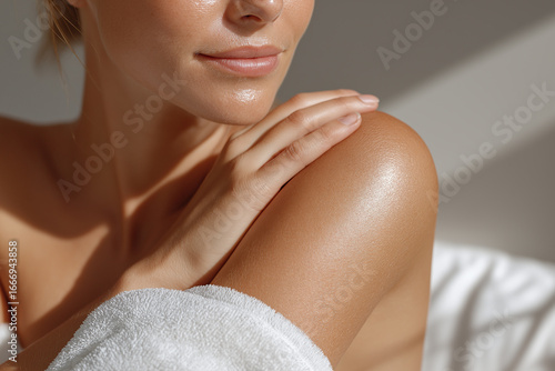 Soft smooth skin on shoulder with gentle hand touch and natural light highlighting healthy glowing complexion and relaxed mood in close up beauty portrait