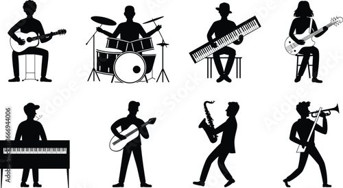 Silhouettes of musicians playing guitar, drums, keyboard, bass, saxophone, trumpet, and piano in various music performance poses