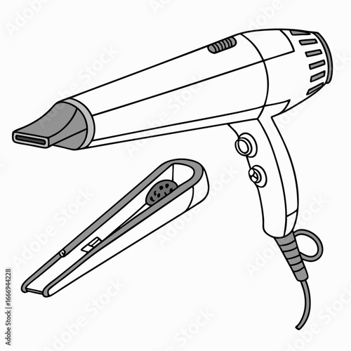 Hair dryer and curling iron, essential tools for hair styling and beauty, vector illustration