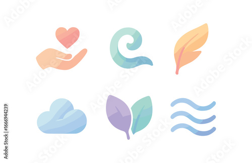vector colorful filled icons gentleness (abstract): flowing curves light gradient airy space muted colors soft glow balanced lines.