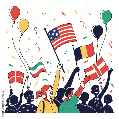 Diverse crowd celebrates with flags and balloons, showcasing national pride and unity