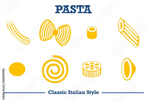 Collection of classic Italian pasta shapes in yellow silhouette style. Simple and cute. Perfect for food packaging, menu design, food graphics, and Italian food projects. Vector illustration.