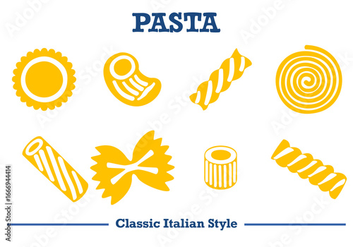 Collection of classic Italian pasta shapes in yellow silhouette style. Simple and cute. Perfect for food packaging, menu design, food graphics, and Italian food projects. Vector illustration.