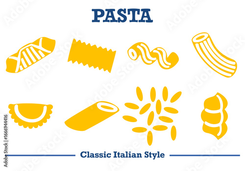Collection of classic Italian pasta shapes in yellow silhouette style. Simple and cute. Perfect for food packaging, menu design, food graphics, and Italian food projects. Vector illustration.