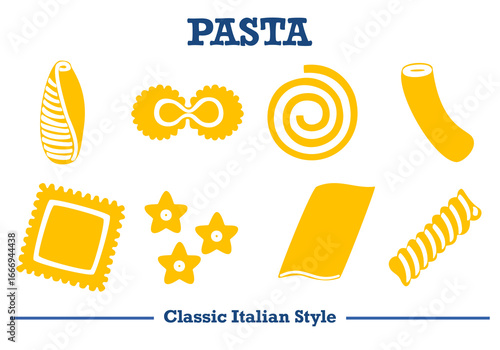 Collection of classic Italian pasta shapes in yellow silhouette style. Simple and cute. Perfect for food packaging, menu design, food graphics, and Italian food projects. Vector illustration.