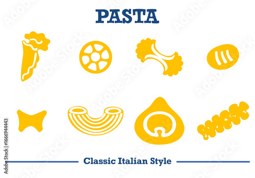 Collection of classic Italian pasta shapes in yellow silhouette style. Simple and cute. Perfect for food packaging, menu design, food graphics, and Italian food projects. Vector illustration.