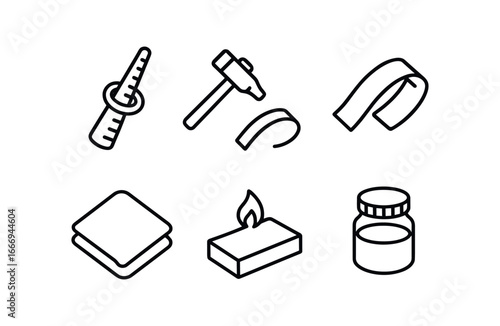 vector outline icons silversmith (crafting ring): ring mandrel small hammer silver strip cloth pad soldering block flux jar.